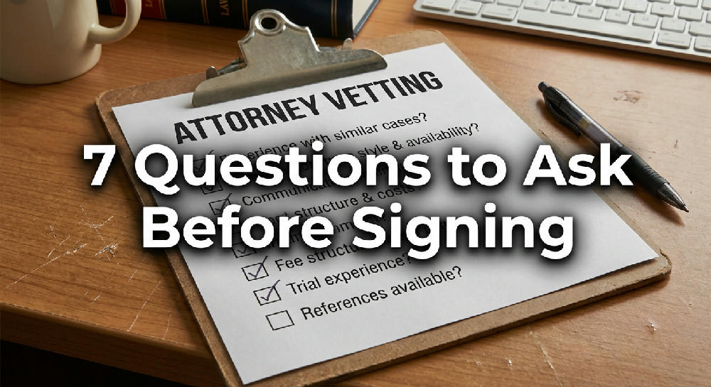 Checklist on a clipboard showing questions to ask a lemon law attorney