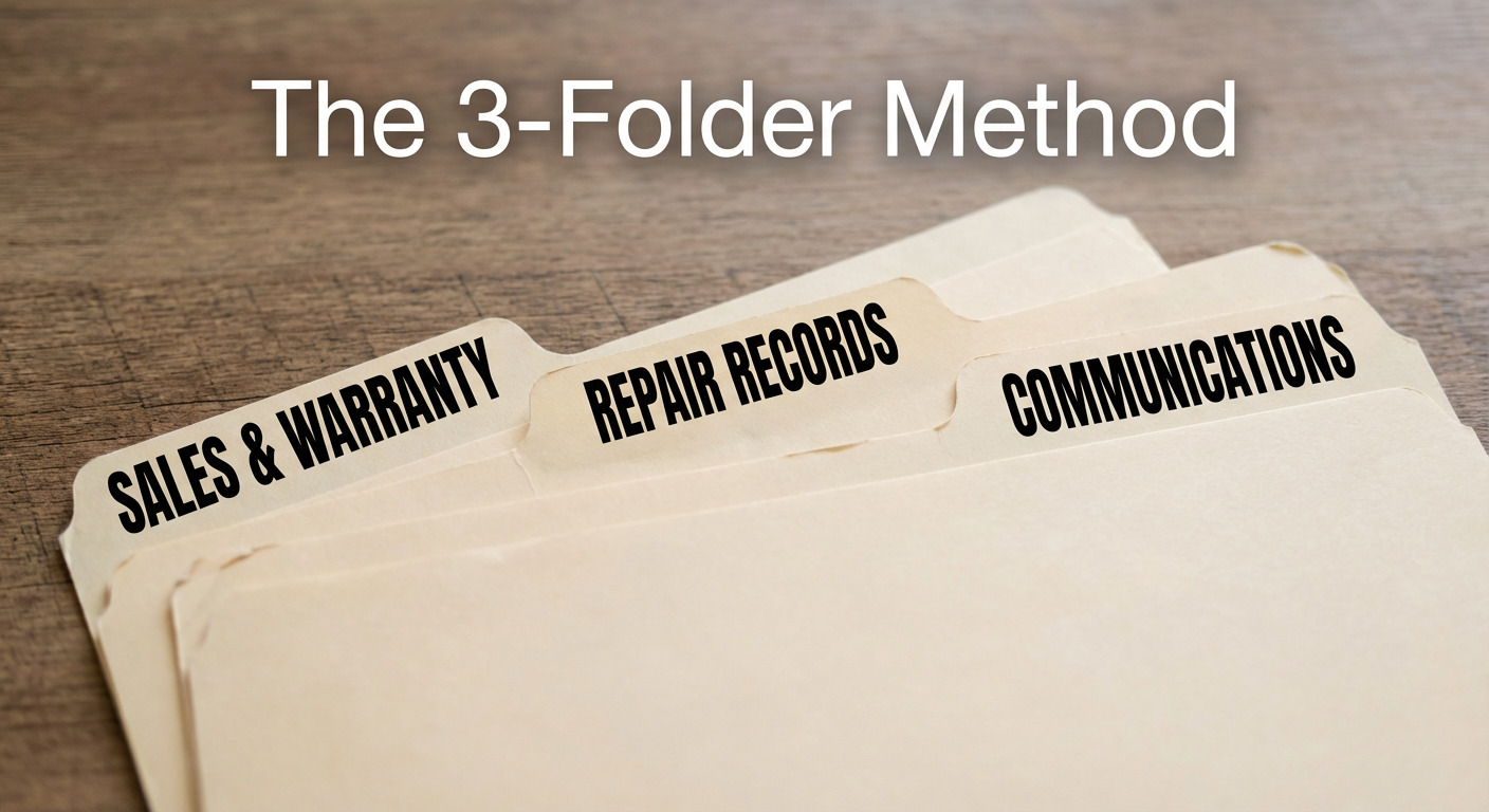 Three file folders labeled Sales, Repairs, and Communications